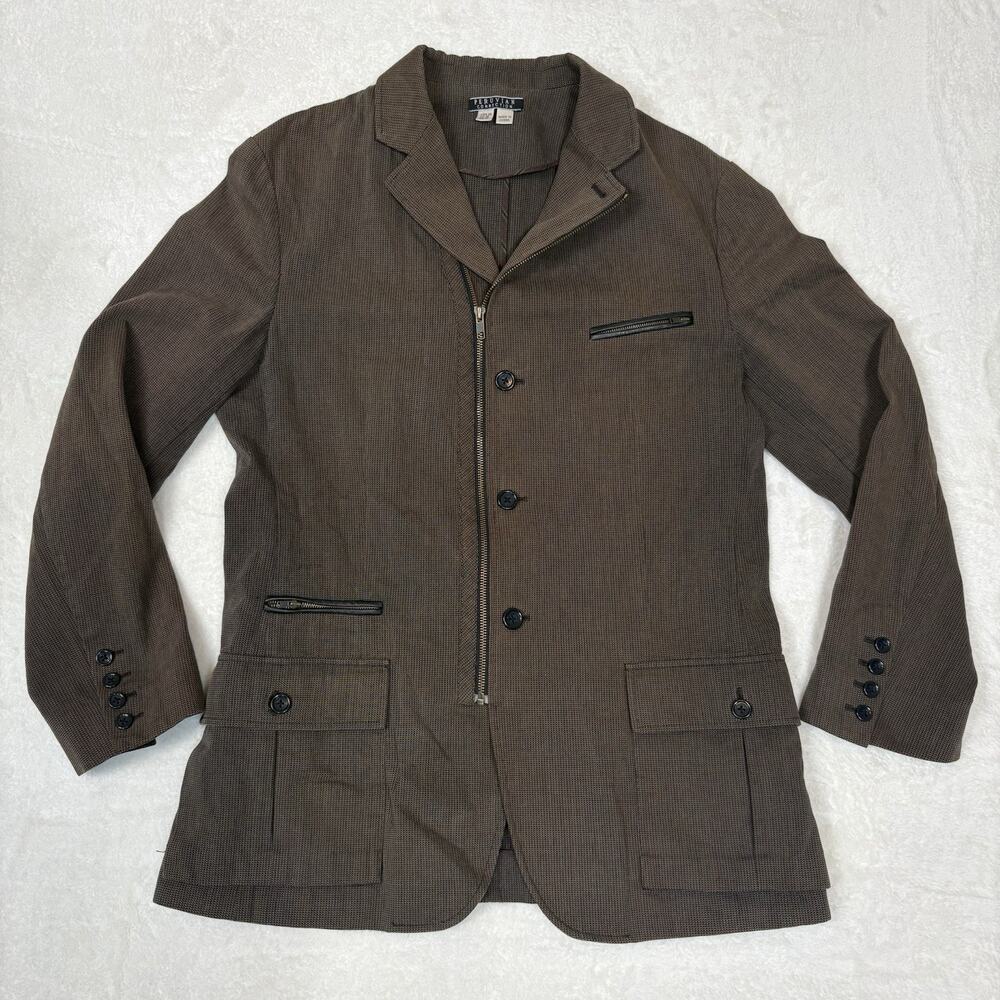 Peruvian Connection Brown Zip Front Field Jacket Mens 38 Cotton Leather Trim